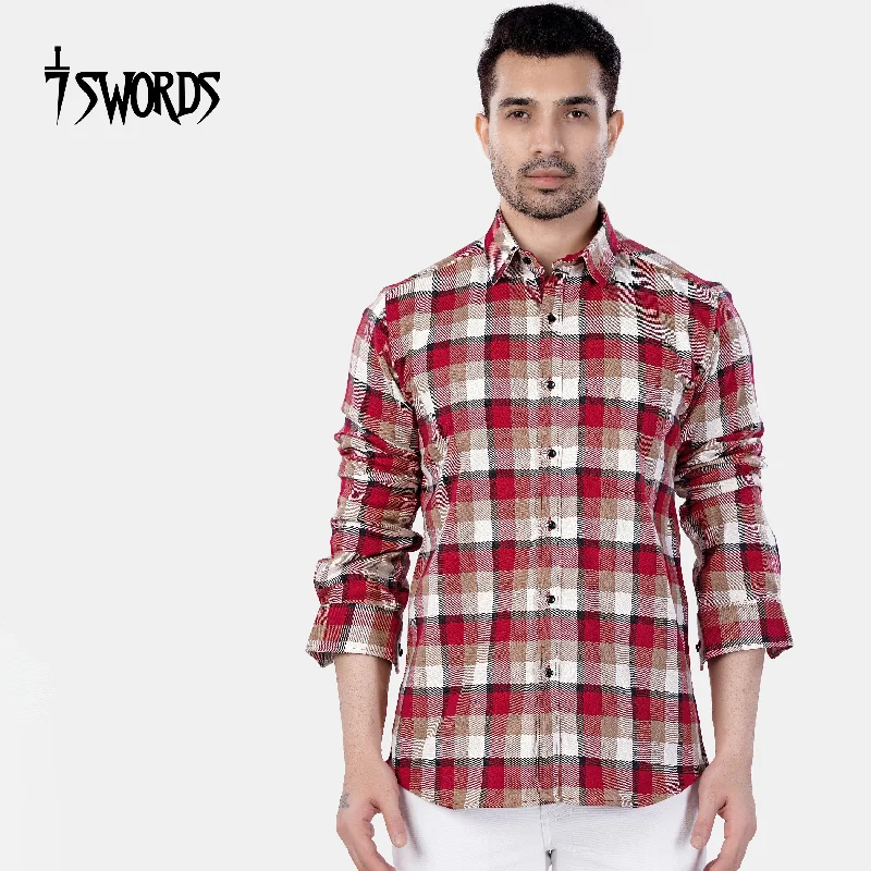 Relaxed Wearable Look 7swords-Carmine Red with Beaver Brown and White Plaid Premium Cotton Shirt Relaxed Wearable Look 7swords-Carmine Red with Beaver Brown and White Plaid Premium Cotton Shirt