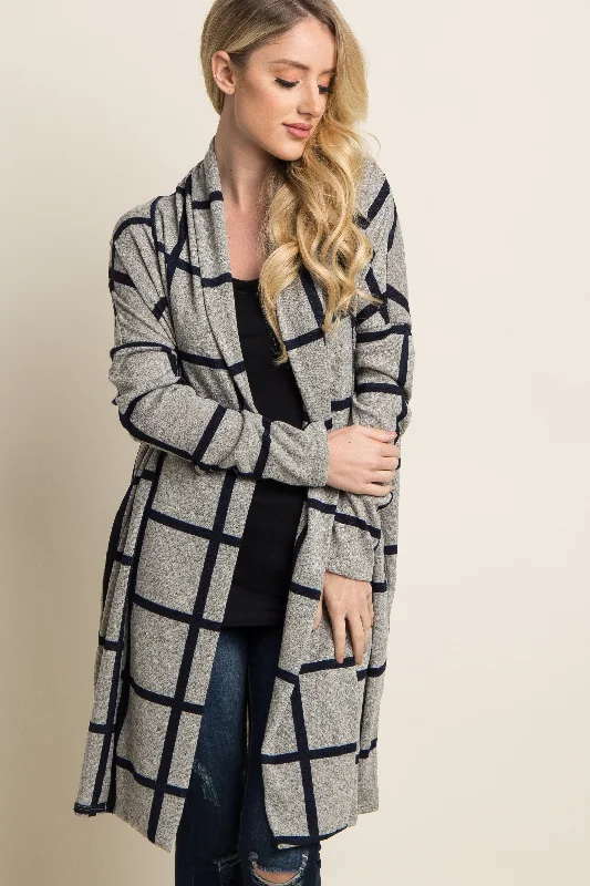 Cool Simplicity PinkBlush Grey Plaid Long Knit Cardigan