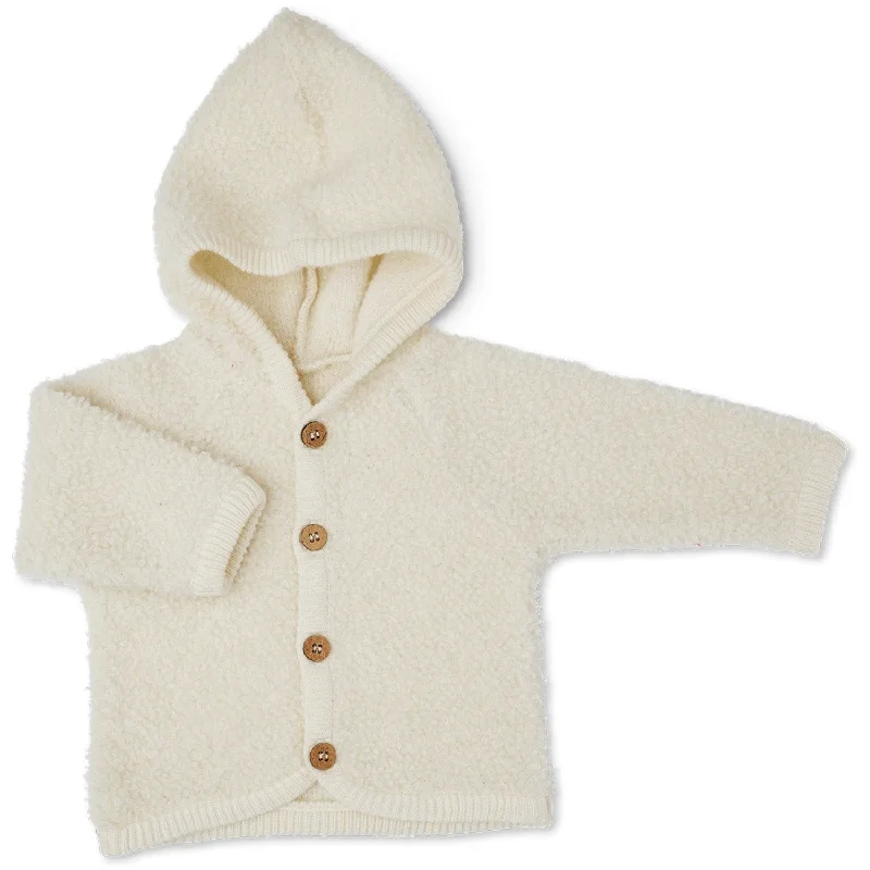 Soft Glamour Style Smallstuff Off White Cardigan Bouclé Merino Uld Med Knapper og Hætte