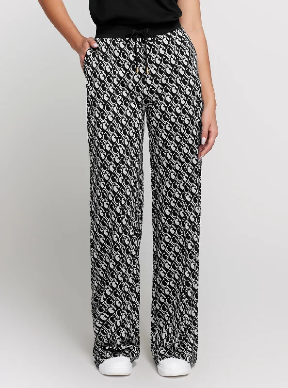 Effortless Fashionista Black White Logo Straight Long Pant