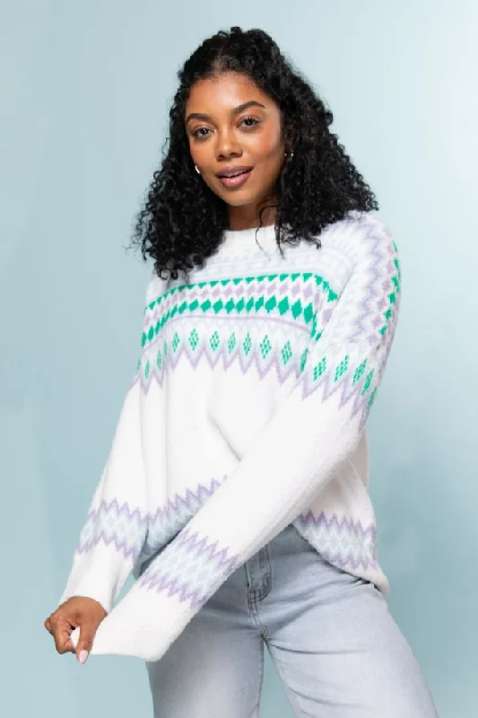 Bundled Up Ivory and Green Multi Oversized Fuzzy Fair Isle Sweater