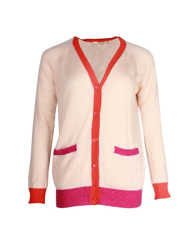 Céline Colorblock Trim Knit Cardigan in Peach Cashmere