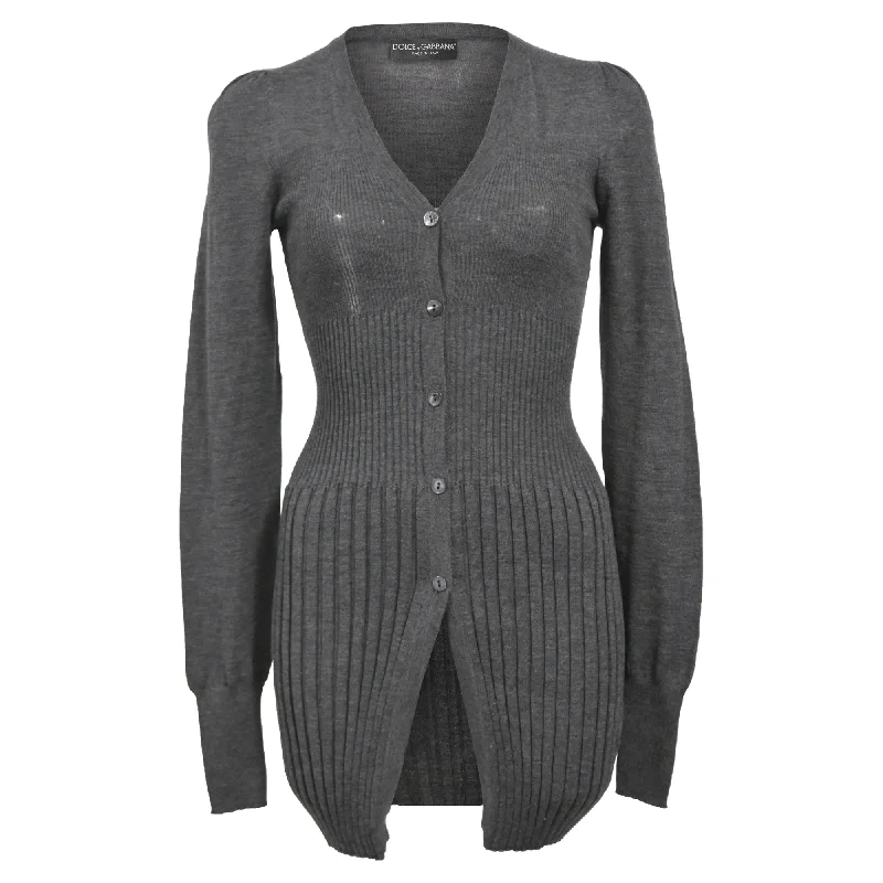 Dolce & Gabbana Rib Knit Button Front Cardigan in Grey Wool