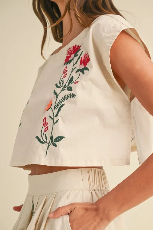 EMBROIDERED FLORAL CROP TOP - CREAM