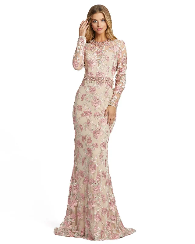 Floral Embroidered Illusion Long Sleeve Trumpet Gown