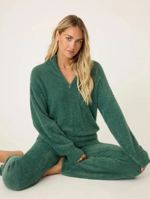 Campfire Cozy Feather Knit 1/4 Zip Sweater - Sage Leaf