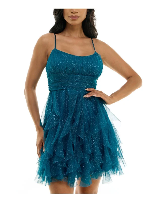 Juniors Womens Corkscrew Ruffles Gathered Cocktail and Party Dress