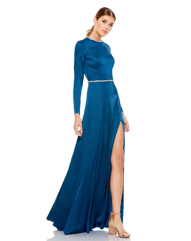 Long Sleeve Jewel Trimmed Charmeuse Gown