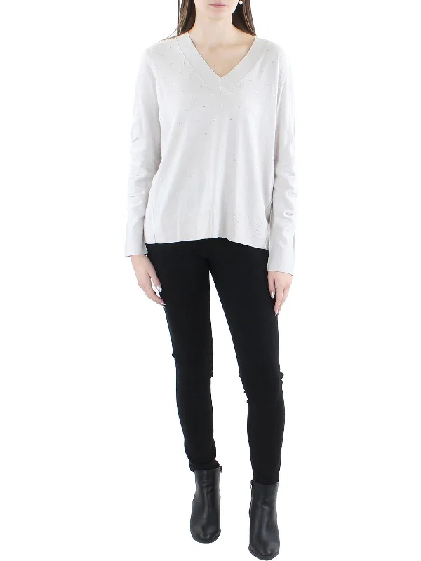 Relaxed Womens Embellished Ribbed Trim V-Neck Sweater