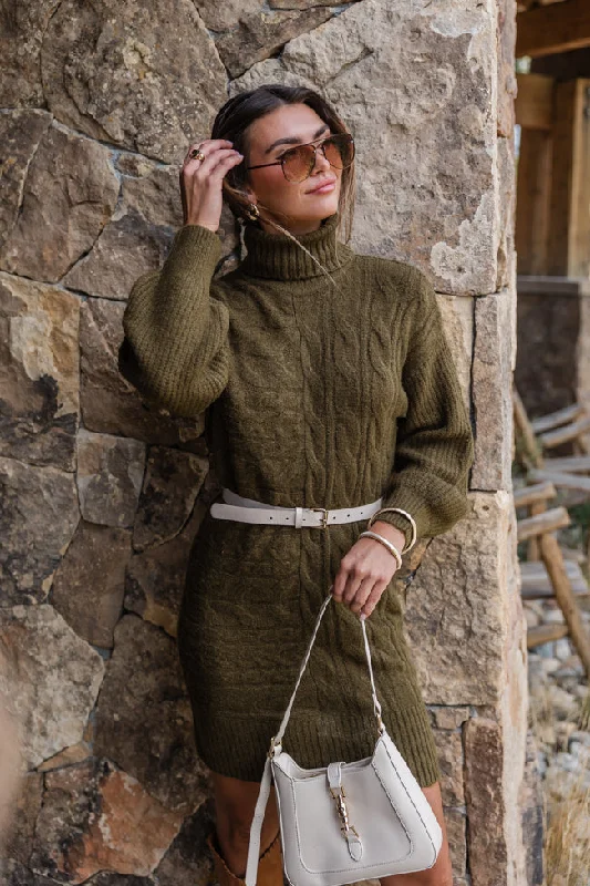 Sweetest Harmony Olive Textured Turtleneck Dress