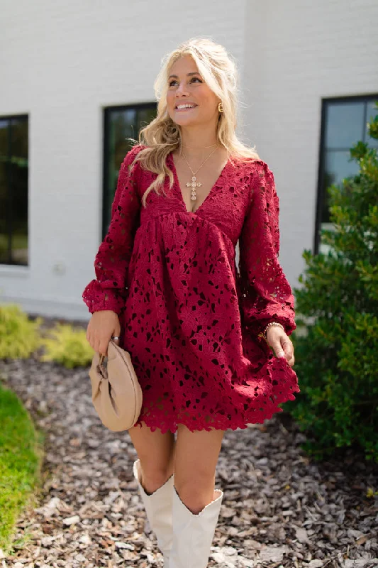 Turning Heads Burgundy Lace Babydoll Mini Dress