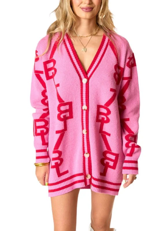 Varsity Lovey Dovey Cardigan In Pink/red