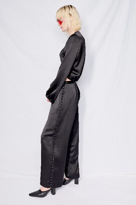 Black Satin Hook Side Clean Pant