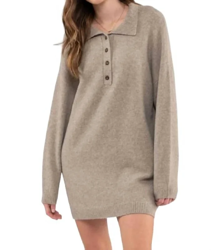 Luxe Street Look Collared Drop Shoulder Sweater Dress In Taupe