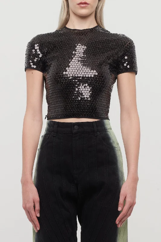 Mugler Sequin Tulle Stretch Top in Black