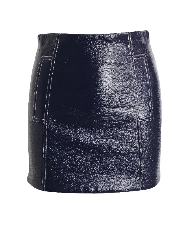 Ba&Sh Crinkled Mini Pencil Skirt in Navy Blue Polyurethane-coated Wool