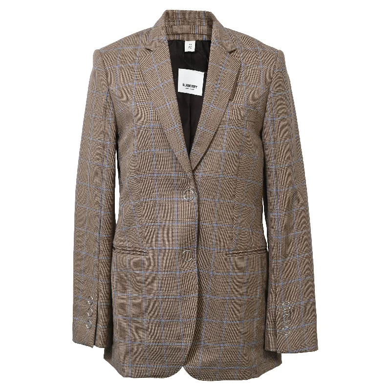 Burberry Single-Breasted Checkered Print Blazer in Brown Wool