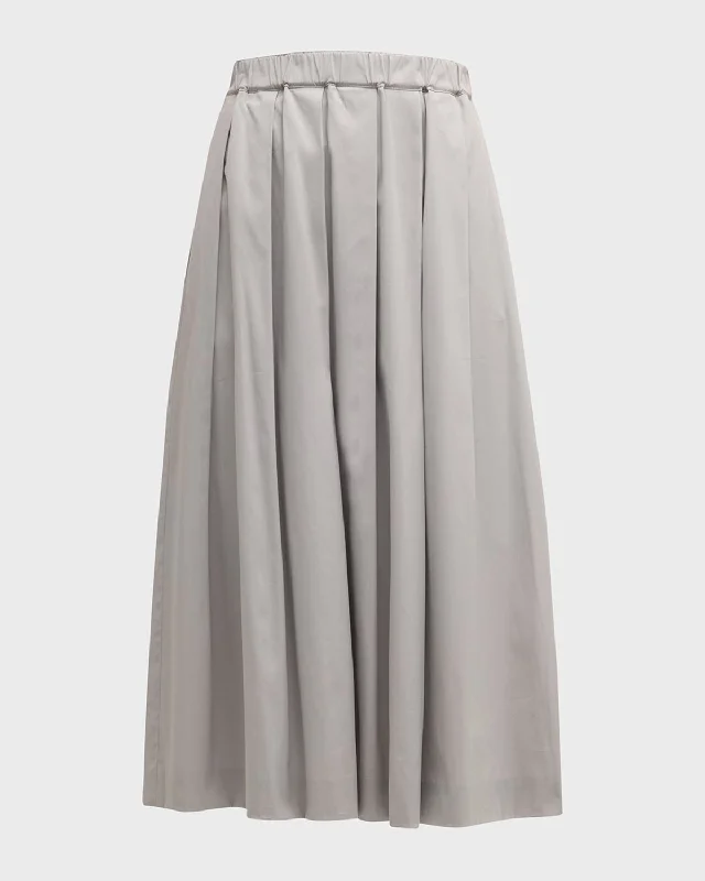 Pleated A-Line Stretch Poplin Midi Skirt