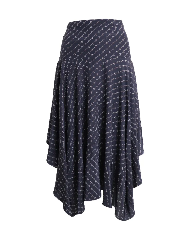 Stella McCartney Logo Print Asymmetric Midi Skirt in Navy Silk