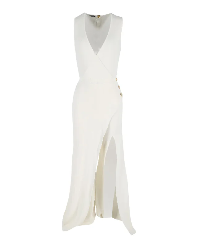 Balmain Sleeveless Slit Jumpsuit in Cream Viscose