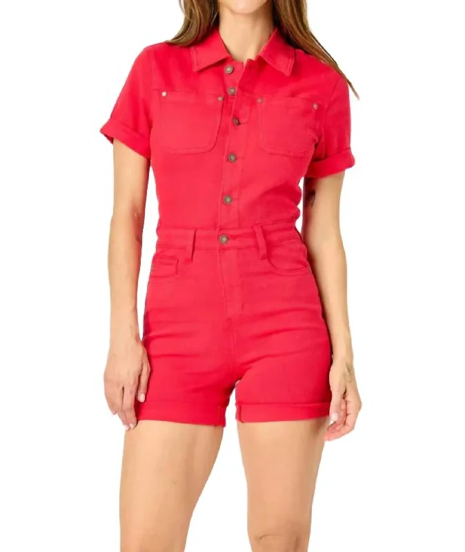 Fireball Denim Romper In Red