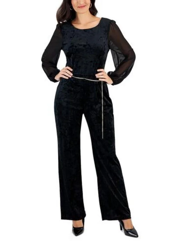 Petites Womens Velvet Jumpsuit