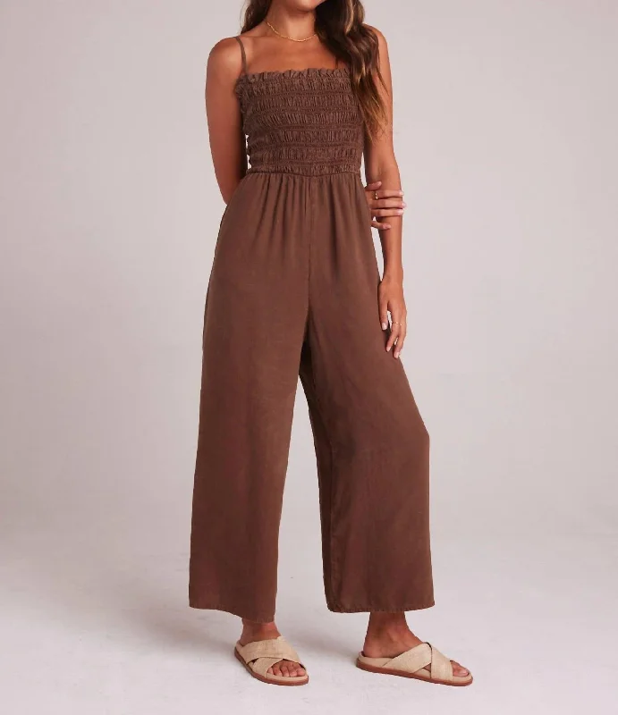 Wide Leg Smocked Ruffle Jumpsuit In Botanical Brown