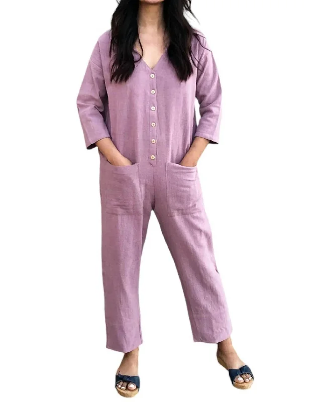 Women's Button Closure Jumpsuit In Lavender