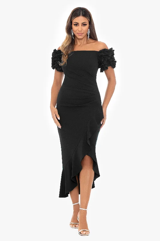 "Loretta" Scuba Crepe Off the Shoulder Ruffle Sleeve Midi Dress