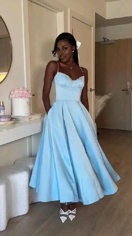 Blue A-Line Straps Long Party Dress Wedding Guest Dress, DP3777