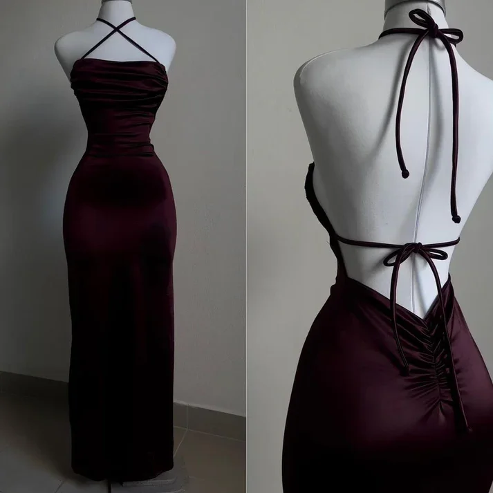 Burgundy Straps Open Back Sheath Satin Long Party Dress, DP3799