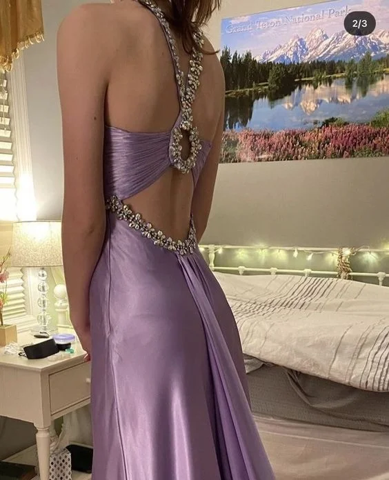 Elegant Purple Beading Satin Long Prom Dress Birthday Outfits, DP3779