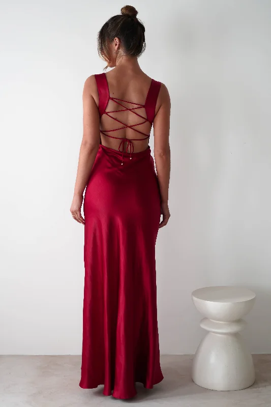 Riviera Soft Satin Maxi Gown | Berry Red