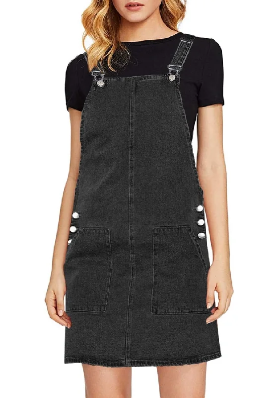 Black Side Pockets Overall Denim Pinafore Dress