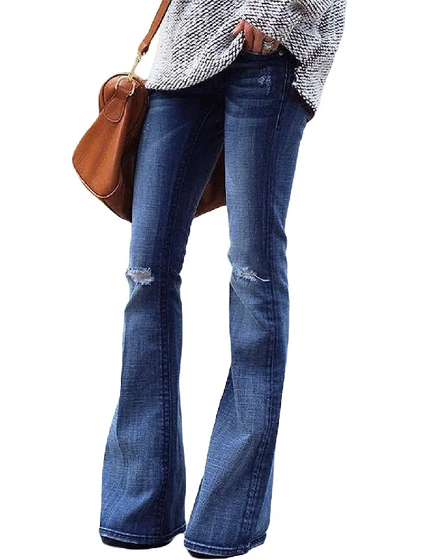 Women's High Waist Ripped Flare Bell Bottom Denim Pants Bootcut Jeans