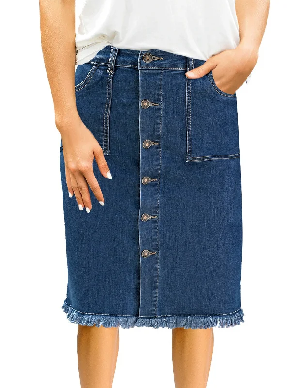 Dark Blue Frayed Hem Button-Down Midi Denim Skirt