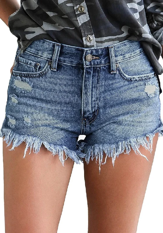 Women's Mid Rise Frayed Ripped Raw Hem Denim Jean Shorts