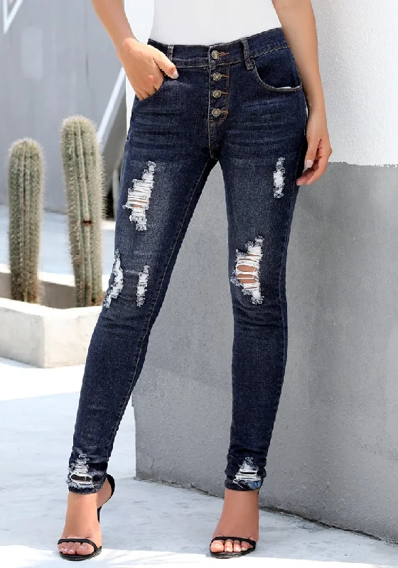 Dark Blue High-Rise Ripped Buttoned Denim Jeans