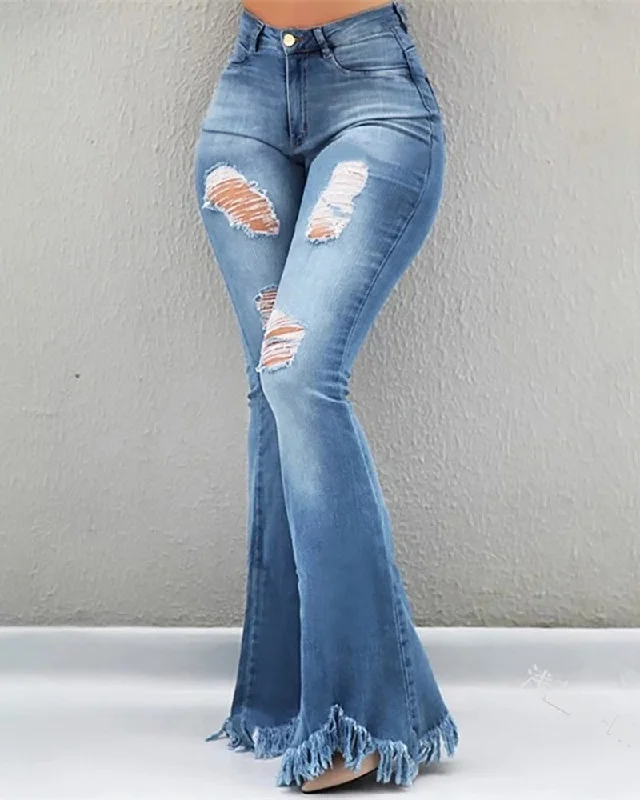 FZ Women's High Waist Bell-Bottom Tassel Denim Pants