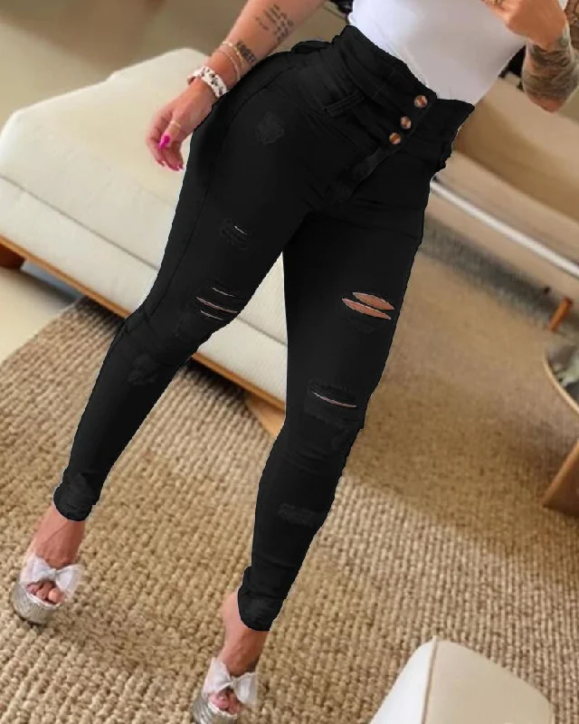 FZ Women's High Waist Ripped Skinny Denim Pants