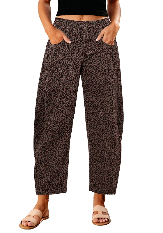 Leopard Women's Cropped Denim High Waisted Jeans Pull On Straight Leg Stretch Barrel Jeans