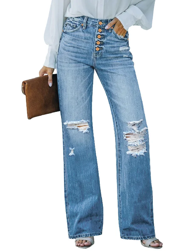 Light Blue High Waisted Ripped Flare Jeans for Women Distressed Bell Bottom Jeans Wide Leg Pants