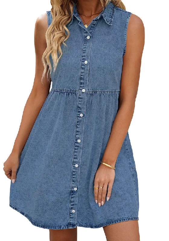 Medium Blue Denim Dress for Women Sleeveless Babydoll Button Down Short Jean Dresses Cute Summer