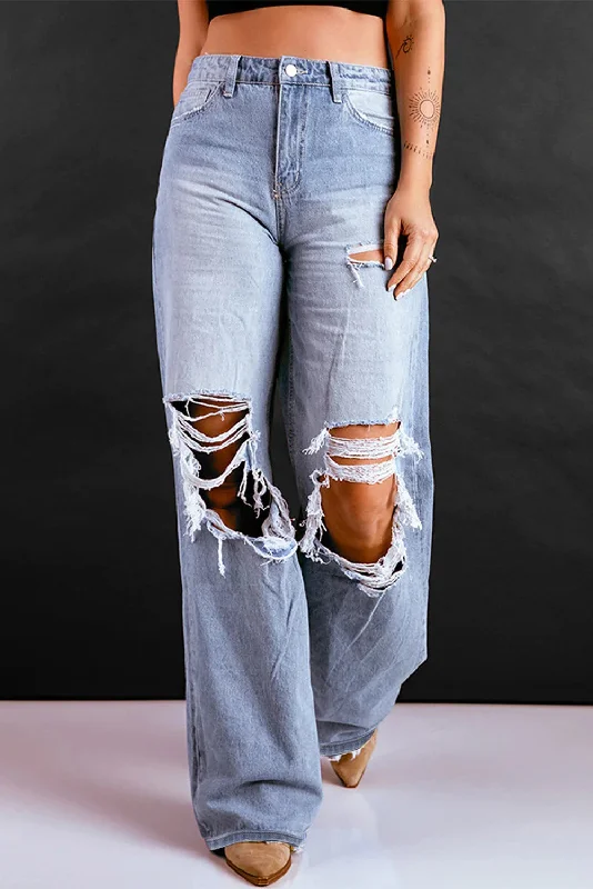 FZ Women's Retro High Waist Ripped Wide Legged Denim Pants